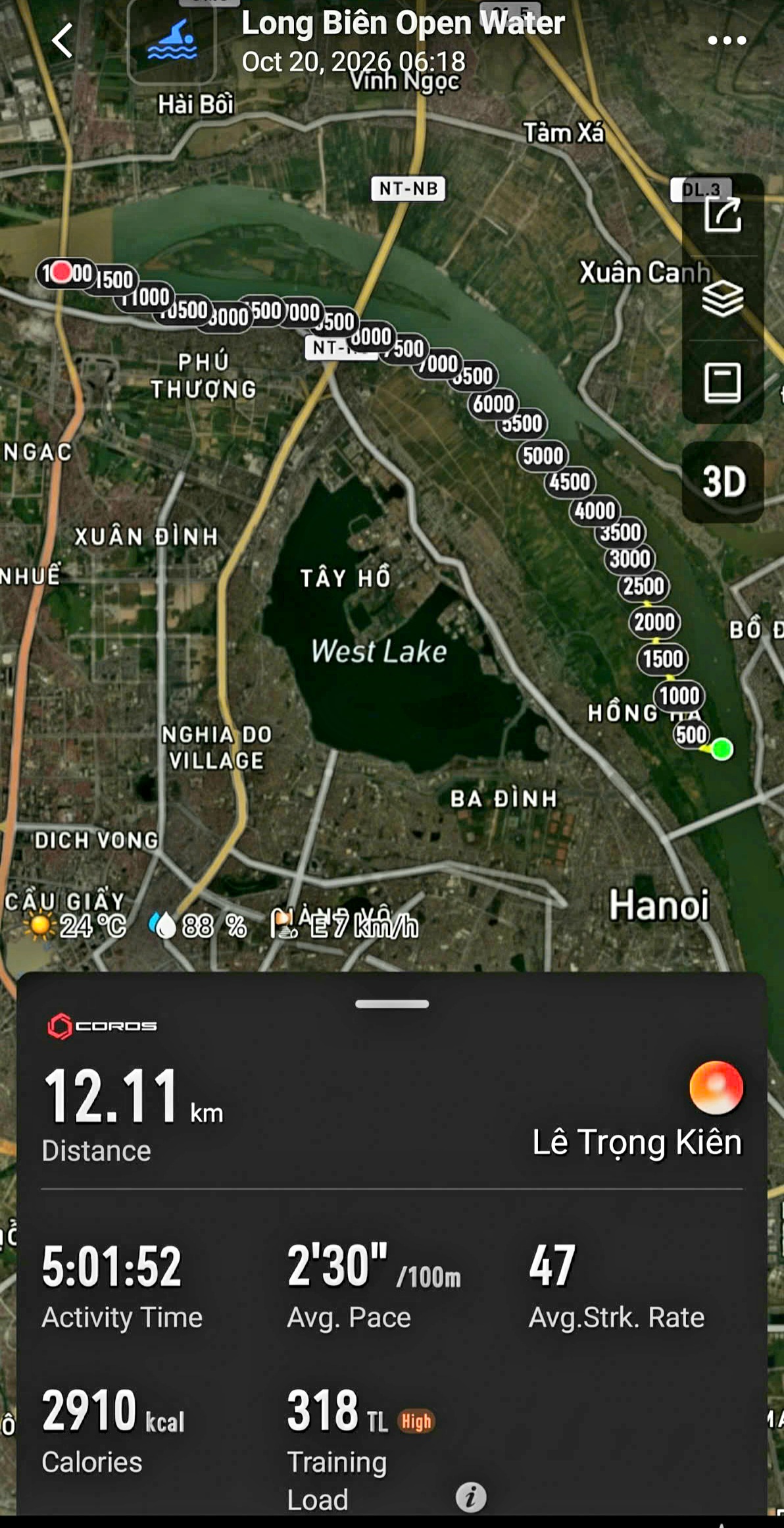 Đồng hồ ghi lại kỷ lục bơi 12km uốn sóng ngửa ngược dòng sông Hồng của anh Lê Trọng Kiên- Ảnh: NVCC