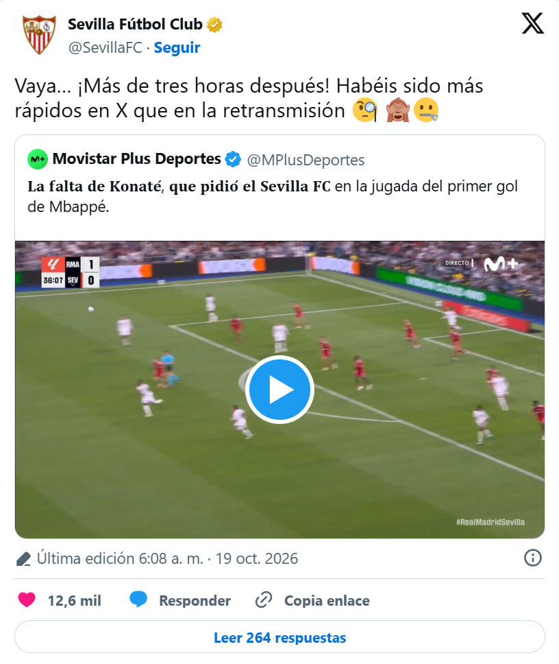 Bài đăng mỉa mai Movistar+ đăng video về pha phạm lỗi của Konate quá trễ từ Sevilla. Ảnh: X/Sevilla