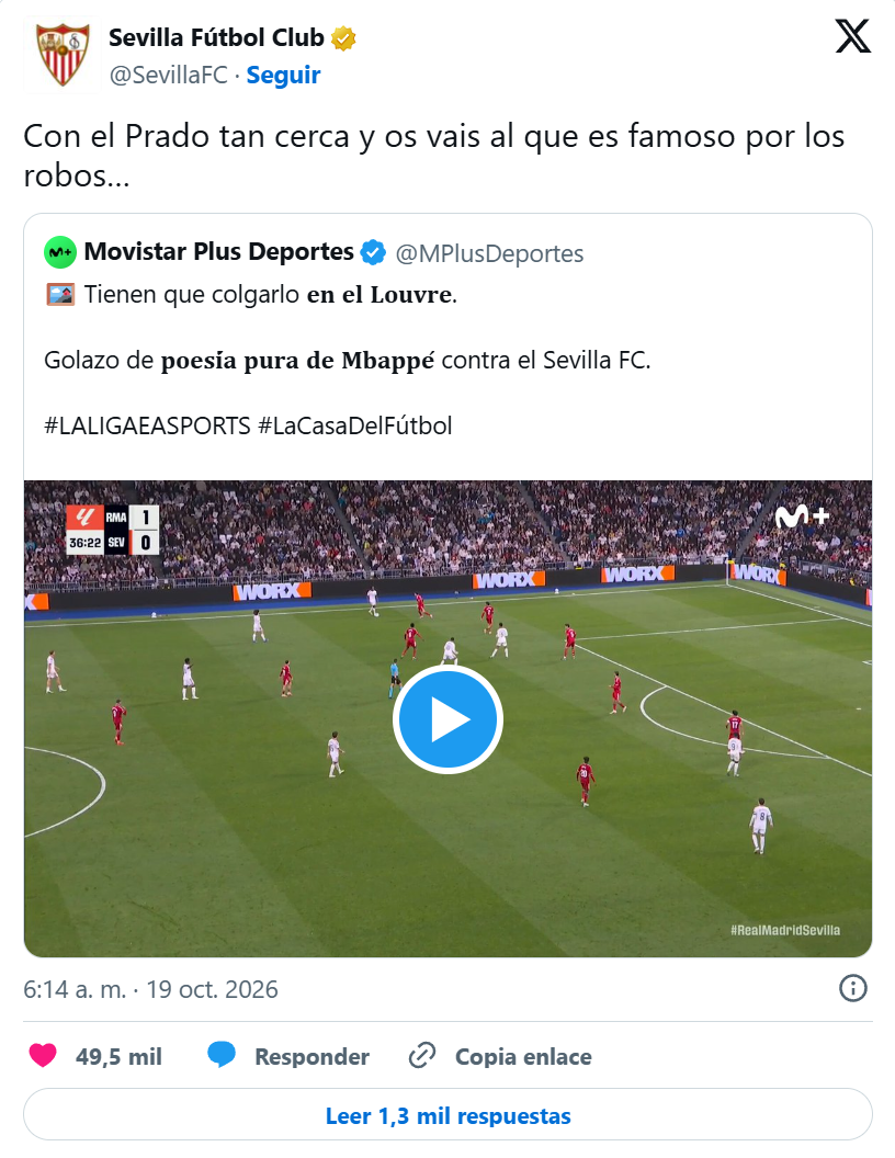 Bài đăng châm biếm cách Movistar+ nhắc đến bảo tàng Louvre từ Sevilla. Ảnh: X/Sevilla