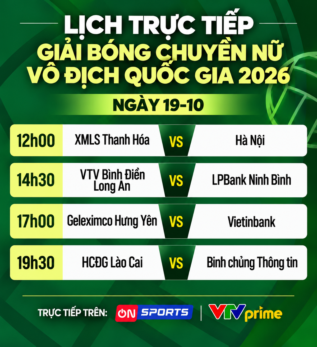 Lịch trực tiếp Giải bóng chuyền nữ vô địch quốc gia 2026 ngày 19-10 - Đồ họa: ĐỨC KHUÊ