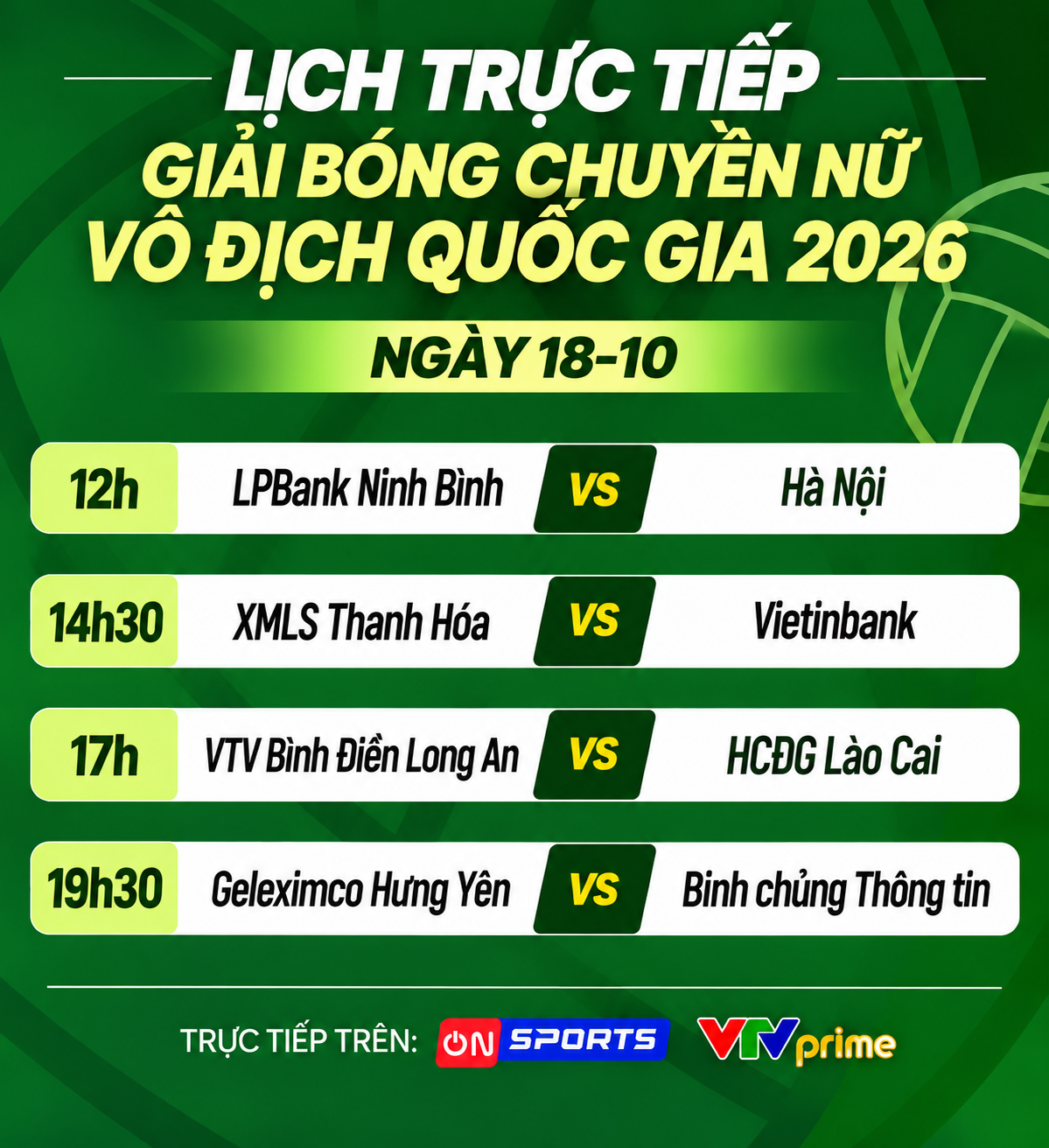 Lịch trực tiếp Giải bóng chuyền nữ vô địch quốc gia ngày 18-10 - Đồ họa: ĐỨC KHUÊ