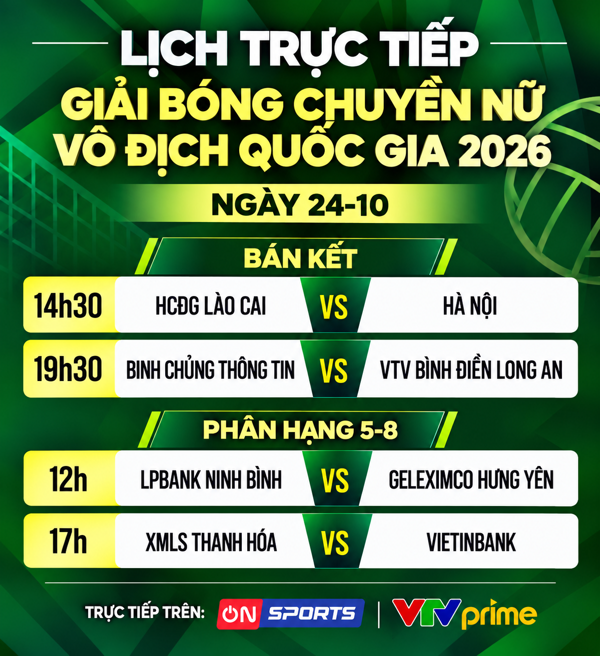 Lịch trực tiếp Giải bóng chuyền nữ vô địch quốc gia 2026 ngày 24-10 - Đồ họa: ĐỨC KHUÊ