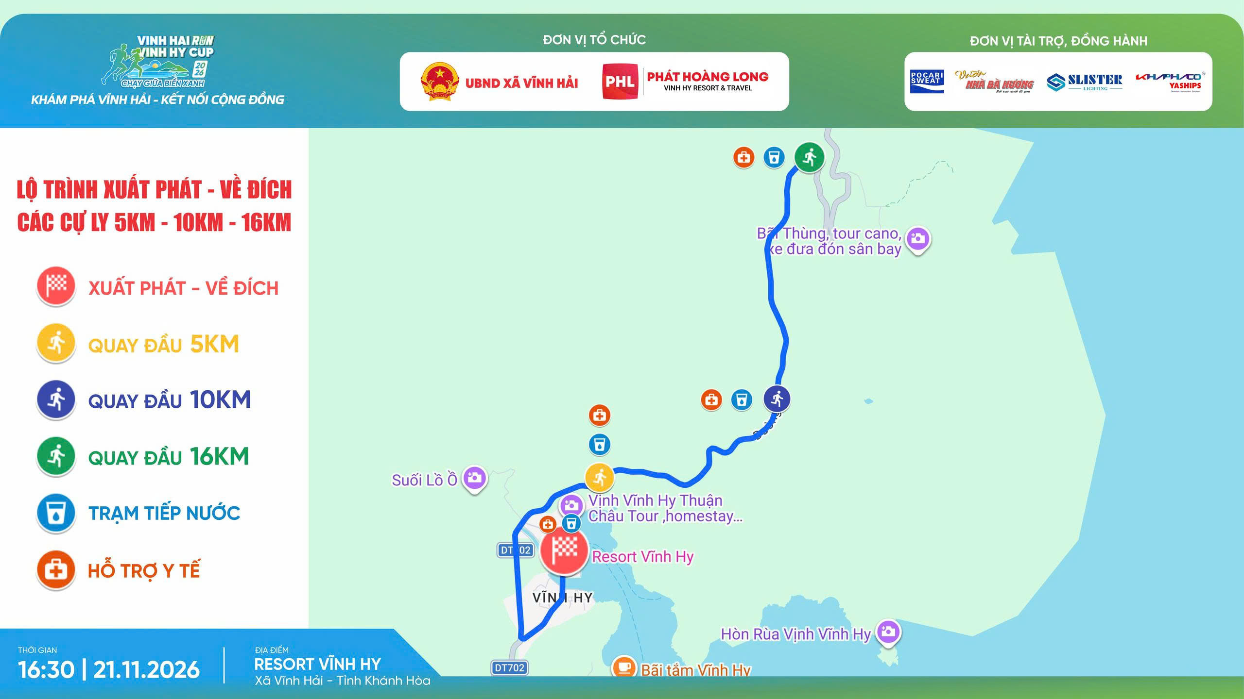 Sơ đồ đường chạy các cự ly 5 km, 10 km và 16 km, với điểm xuất phát và về đích tại Resort Vĩnh Hy, xã Vĩnh Hải, Khánh Hòa