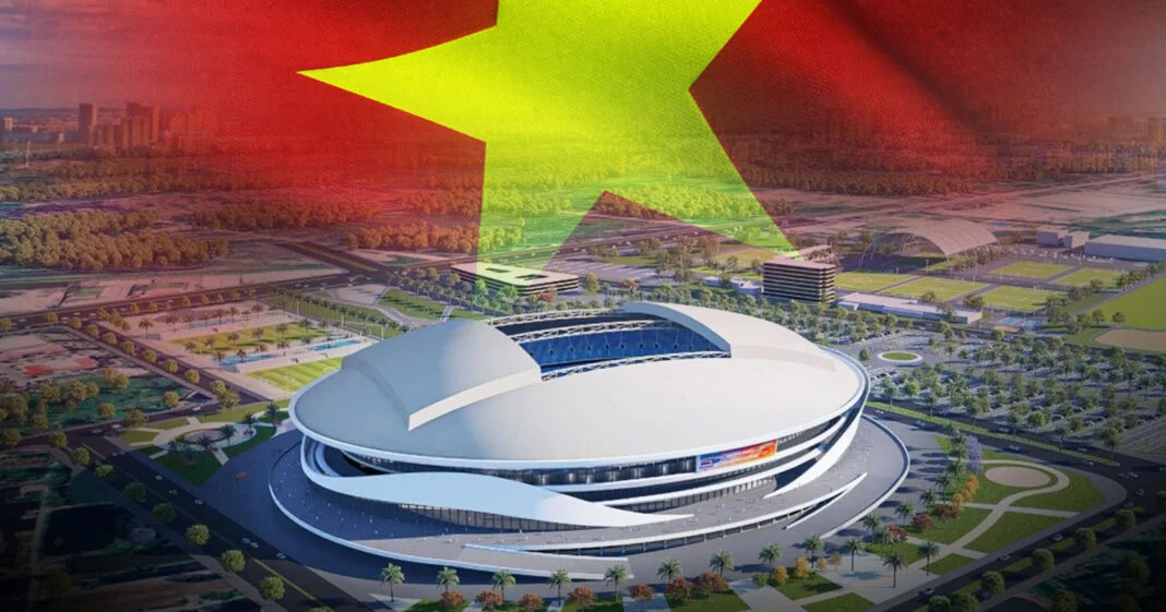 Báo Thái Lan đăng phối cảnh sân PVF lồng với nền quốc kỳ Việt Nam - Ảnh: BRANDINSE - PVF